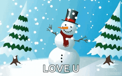 A Snowman Wearing A Top Hat And Scarf With The Words Love U Written On It GIF