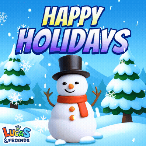 A Snowman With A Top Hat And Scarf Says Happy Holidays From Lucas And Friends GIF