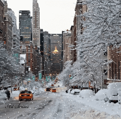 A Snowy City Street With The Words Art Senses On The Bottom Left GIF