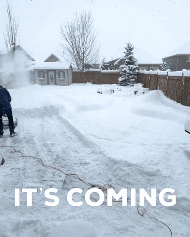 A Snowy Driveway With The Words It 'S Coming In White Letters GIF