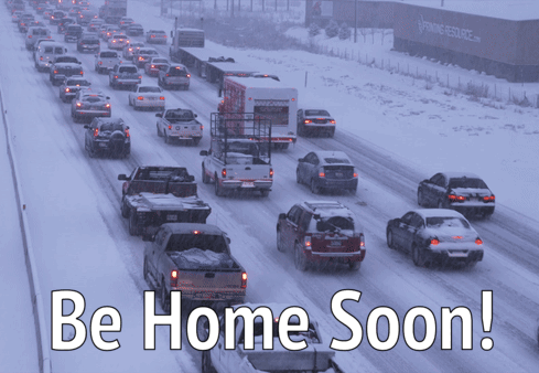 A Snowy Highway With The Words Be Home Soon GIF