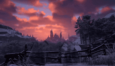 A Snowy Landscape With A Castle In The Distance At Sunset GIF