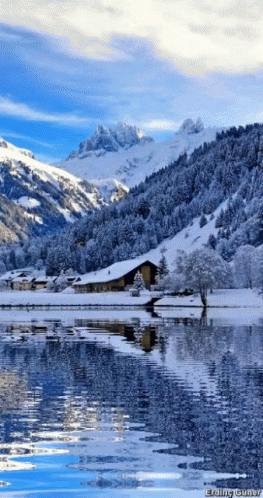 A Snowy Landscape With A Lake In The Foreground And The Words Erding Gunner At The Bottom GIF