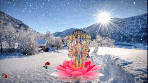 A Snowy Landscape With A Statue On A Flower In The Foreground GIF