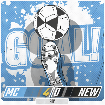 A Soccer Ball Is Being Kicked By A Boot With The Words Goal Mc 40 New Below It GIF
