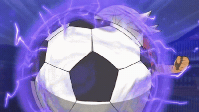 A Soccer Ball Is Surrounded By Purple Lightning In A Cartoon GIF