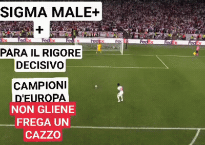 A Soccer Field With The Words Sigma Male + Para Il Rigore Decisivo Campioni D' Europa Non Gliene Frega Un Cazzo GIF