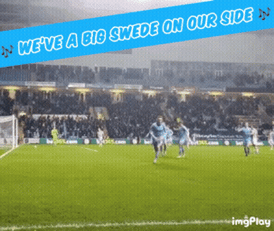 A Soccer Field With The Words We 'Ve A Big Swede On Our Side Above It GIF