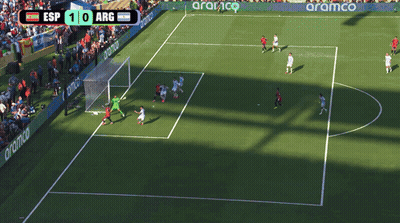 A Soccer Game Between Esp And Arg With Aramco Advertising On The Sidelines GIF