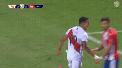 A Soccer Game Is Being Played Between Peru And Par And The Score Is 2 To 2 GIF