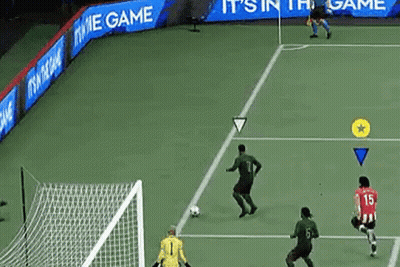 A Soccer Game Is Being Played On A Soccer Field . GIF