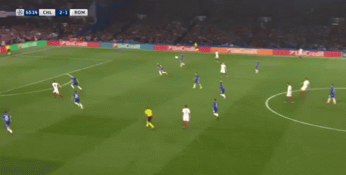 A Soccer Game Is Underway With The Scoreboard Showing Chl 2-1 Rom GIF