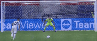 A Soccer Goalie In Front Of A Banner That Says Team View GIF