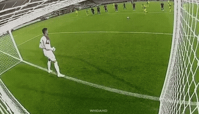 A Soccer Goalie Is Standing On The Edge Of The Goal Watching A Soccer Player Shoot The Ball . GIF