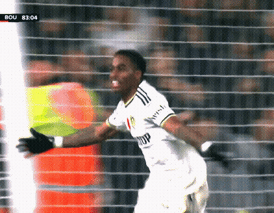 A Soccer Player Celebrates A Goal During A Game With The Time Of 83:04 On The Screen GIF