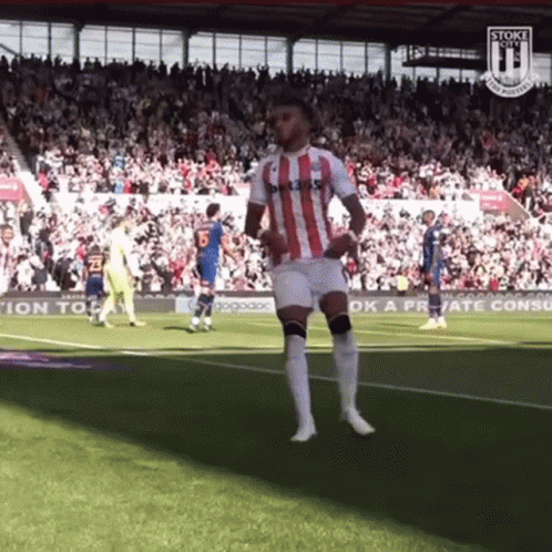A Soccer Player In A Red And White Striped Shirt Is Dancing On The Field . GIF