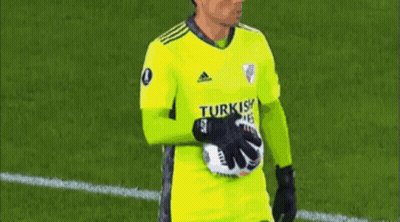 A Soccer Player In A Yellow Shirt Is Holding A Soccer Ball On A Field . GIF