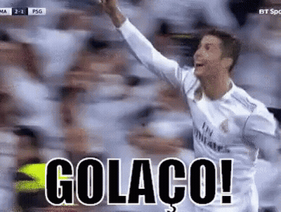 A Soccer Player Is Celebrating A Goal In Front Of A Crowd With The Word Golaco Written On The Screen . GIF