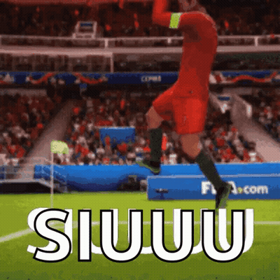 A Soccer Player Is Jumping In The Air On A Soccer Field With The Words Siuuu Written In White GIF