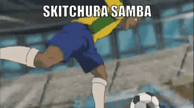 A Soccer Player Is Kicking A Soccer Ball And The Words Skitchura Samba Are On The Screen GIF