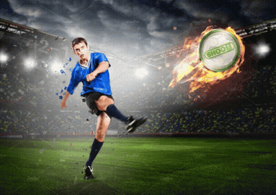 A Soccer Player Is Kicking A Soccer Ball With A Shoo9 Logo On It GIF