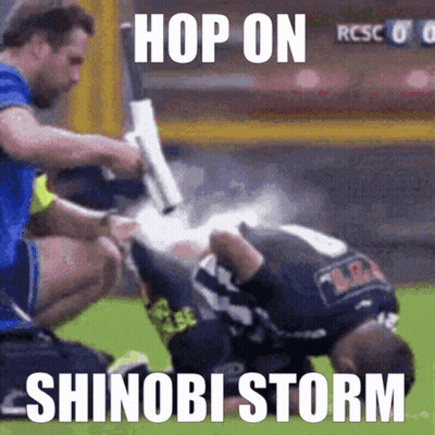 A Soccer Player Is Kneeling Down With A Gun In His Hand And The Words Hop On Shinobi Storm Written On The Bottom GIF