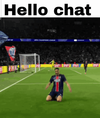 A Soccer Player Is Kneeling On The Field With The Words Hello Chat Behind Him GIF