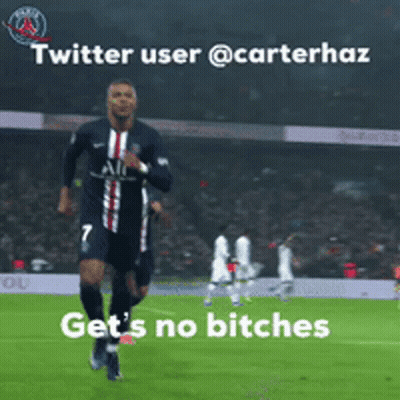 A Soccer Player Is Running On A Field With The Words Get 'S No Bitches On The Bottom GIF