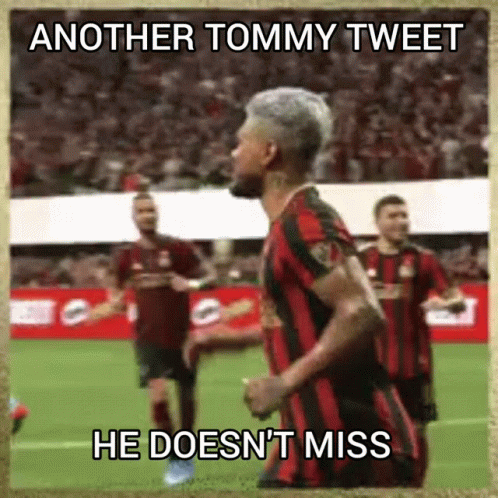 A Soccer Player Is Running On The Field With A Caption That Says " Another Tommy Tweet He Doesn 'T Miss " GIF