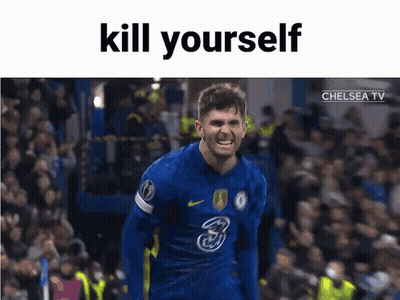 A Soccer Player Is Screaming In Front Of A Crowd While Wearing A Blue Jersey And A Chelsea Tv Logo . GIF