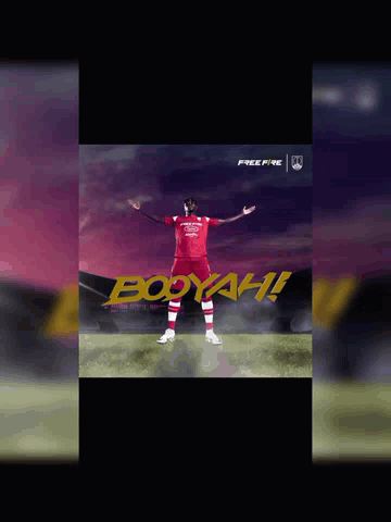 A Soccer Player Is Standing On A Field With His Arms Outstretched In Front Of A Sign That Says Bodyah GIF