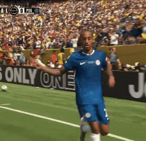 A Soccer Player On A Field With A Sign That Says Only One In The Background GIF