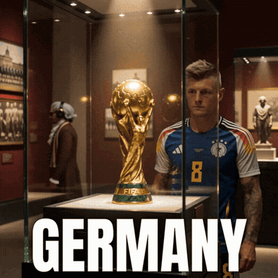 A Soccer Player Stands In Front Of A Fifa Trophy In A Glass Case GIF