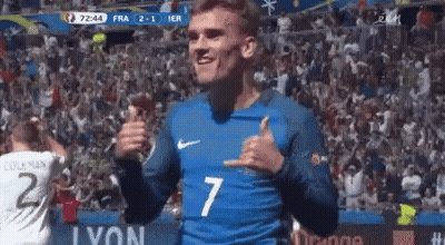 A Soccer Player Wearing A Blue Jersey With The Number 7 On It Is Giving A Thumbs Up Sign . GIF