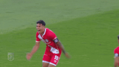 A Soccer Player Wearing A Red Jersey With The Number 19 On It Is Celebrating A Goal GIF