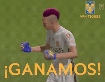 A Soccer Player Wearing A White Shirt With The Word Tigres On It Is Waving His Hands In The Air . GIF