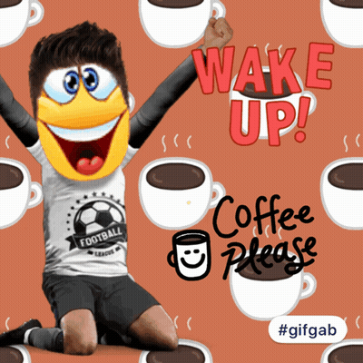 A Soccer Player With A Smiley Face On His Face Is Surrounded By Coffee Cups And The Words Wake Up Coffee Please GIF