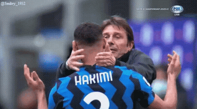 A Soccer Player With The Name Hakimi On His Jersey Is Hugging His Coach GIF