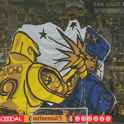 A Soccer Stadium With A Banner That Says " Cucho " On It GIF