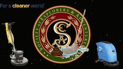 A Society Of Explorers And Adventure Logo With A Mop In The Middle GIF