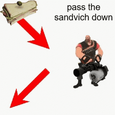 A Soldier Is Carrying A Sandwich Down A Red Arrow With The Words Pass The Sandwich Down Below Him GIF