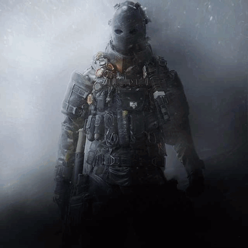 A Soldier Wearing A Gas Mask Is Holding A Gun In The Fog GIF