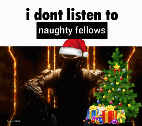 A Soldier Wearing A Santa Hat Stands In Front Of A Christmas Tree With Presents GIF