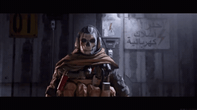 A Soldier With A Skull On His Face Stands In Front Of A Sign That Says 01 GIF