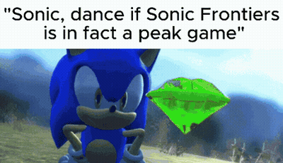 A Sonic The Hedgehog Holding A Green Emerald With The Caption " Sonic Dance If Sonic Frontiers " GIF
