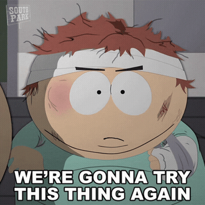 A South Park Cartoon Character With A Bandage On His Head And The Words We 'Re Gonna Try This Thing Again GIF