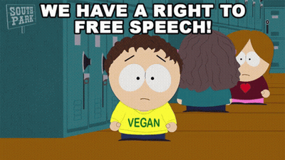 A South Park Cartoon Shows A Boy Wearing A Yellow Shirt That Says Vegan GIF