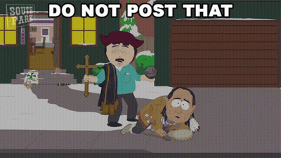 A South Park Cartoon Shows A Man Holding A Cross Standing Next To A Man Kneeling On The Ground GIF