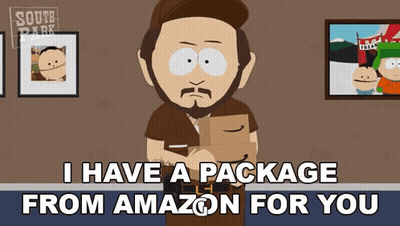 A South Park Cartoon Shows A Man Holding A Package That Says " I Have A Package From Amazon For You " GIF