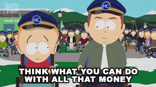 A South Park Cartoon Shows A Man In A Wheelchair And A Man In A Hat With The Letter Hc On It GIF